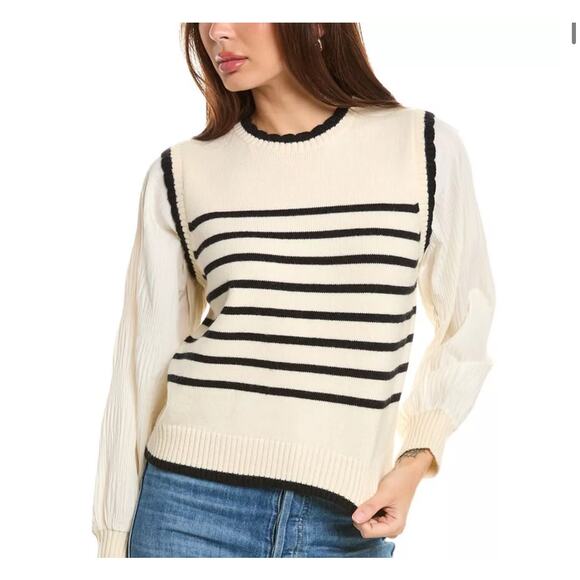 Nanette Lepore XL Twofer Contrast Smocked Sleeves Soft Sweater Scallop Trim - Picture 1 of 13